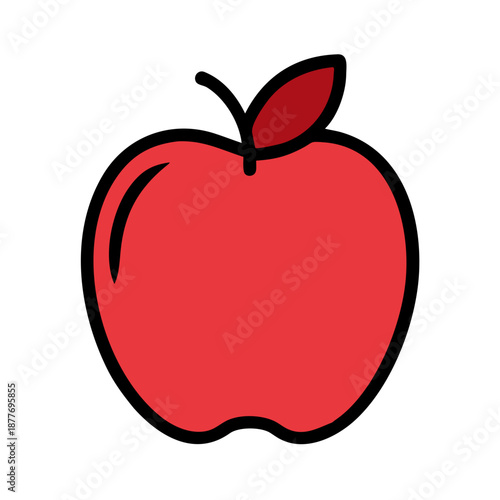 Cartoon-style illustration of a red apple with a black outline and a green leaf on a white background
