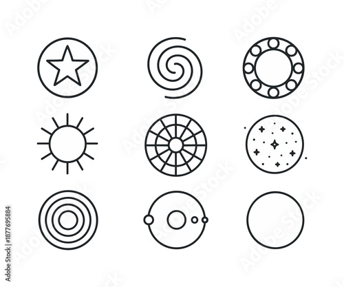 Cosmic Sacred Circle Icons. Sacred circle. Line icon set of cosmic sacred circles: star ring, galaxy swirl, moon-phase circle, solar cycle ring, zodiac wheel,