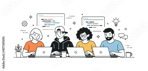Collaborative Coding Session. Startup team coding session. Team members sitting with laptops, lines of abstract code on screens, quietly working side by side.