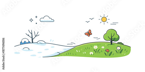 Seasonal Transition Illustration. Snow to grass transition illustration. Minimal landscape shifting from snow-covered ground to fresh green grass, symbolizing