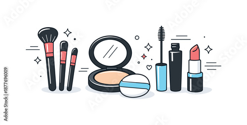 Elegant Makeup Essentials. Makeup tools and cosmetics. A clean editorial scene showing brushes, compact powder, mascara and lipstick laid out with soft motion