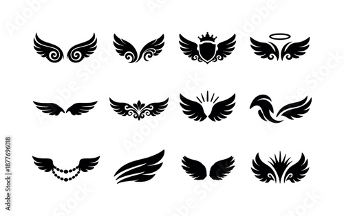 Angel Wing Icons. Angel wing decorative motifs. Solid icon set of angel wing decorative motifs: swirl ornament, feather flourish, ornate crest, halo swirl,