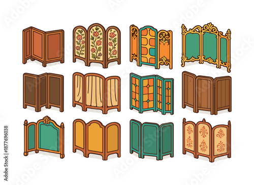 Colorful Vintage Screens. Vintage folding screens. Colorful isometric vector icons set of vintage folding screens: antique panel, Victorian floral screen,