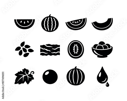 Melon Icon Collection. Melons. Solid icon set of melons: watermelon slice, whole watermelon, cantaloupe wedge, honeydew slice, melon seed cluster, rind