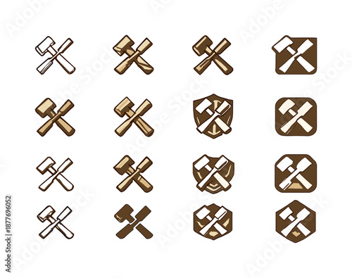 Woodworking Logo Variations. Woodworking and building furniture. Icon set. Set Logo of woodworking and building furniture: wooden hammer + chisel. harmonious