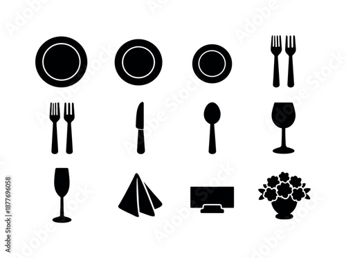 Formal Dining Icons. Formal table setting. Solid icon set of Formal table setting: charger plate, dinner plate, bread plate, salad fork, dinner fork, dinner