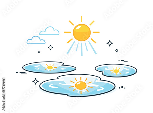 Sunny Puddle Reflections. Puddles after rain with sunshine. Simple puddles reflecting a bright sun and soft rays, symbolizing clarity, freshness, and new