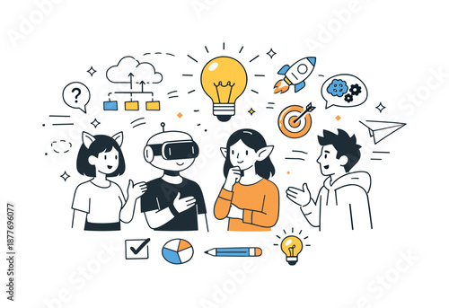 Metaverse Brainstorming Session. Metaverse meeting brainstorming. Avatars standing together with abstract ideas and icons floating around. Creative thinking