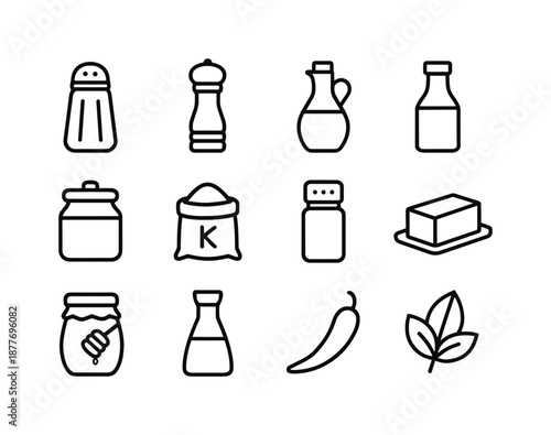 Cooking Ingredients Icons. Cooking ingredients. Line icon set of cooking ingredients: salt shaker, pepper grinder, oil bottle, vinegar bottle, sugar jar, flour