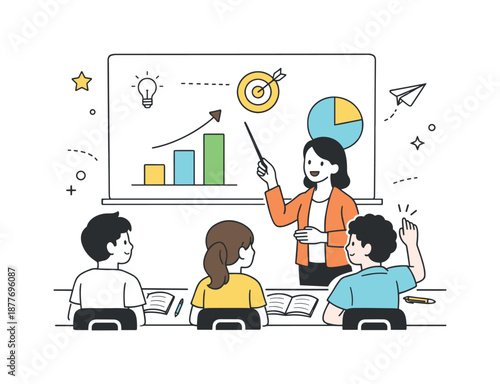 Classroom Chart Harmony. Classroom scene lesson. Students looking at a simple chart or illustration on the board. Clear explanation and shared understanding.