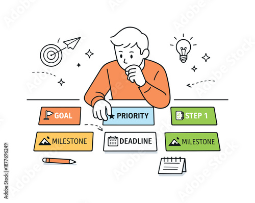 Strategic Card Arrangement. Goal setting strategy. A person arranging cards with priorities and milestones on a table. Thoughtful organization and strategic