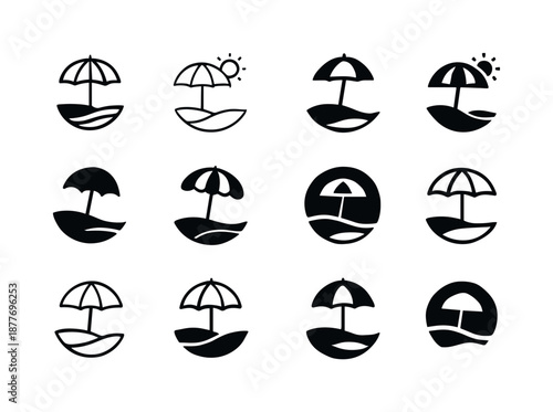 Minimal Beach Icons. Pristine beach. Icon set. Set Logo of pristine beach: beach umbrella. harmonious logo variations of the same emblematic concept, each with
