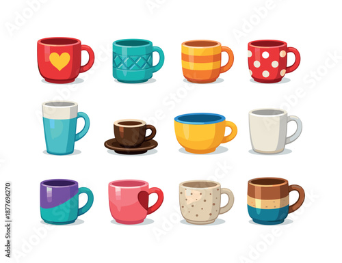 Colorful Mug Icons. Favorite Mug. Colorful flat vector icons set of Favorite Mug: big cozy mug, embossed mug, striped mug, polka-dot cup, tall latte mug, tiny