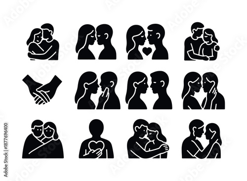 Intimacy Icons Grid. Intimacy and affection. Solid icon set of Intimacy and affection: soft hug, forehead touch, heart kiss, cuddling icon, close hands, gentle