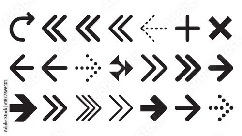 Collection of 20 diverse black arrow vector icons, perfect for web design, UI, and UX, providing essential directional and navigation symbols