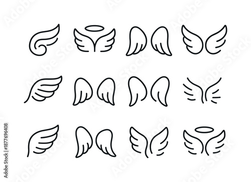 Wing Icons Collection. Angel wings. Line icon set of angel wings: wing swirl, feather ripple, halo arc, wing tilt symbol, layered plume line, airy glow streak,