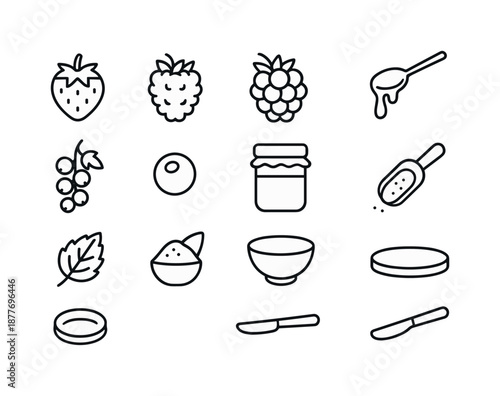 Berry Jam Icons. Berry jam. Line icon set of berry jam: strawberry, raspberry, blackberry, blueberry, currant cluster, jam jar, dripping spoon, berry leaf,