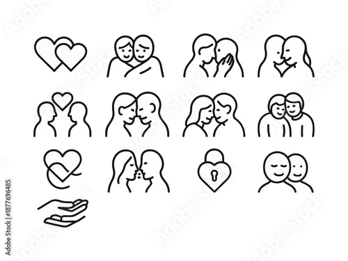 Emotional Intimacy Icons. Emotional Intimacy. Line icon set of Emotional Intimacy: intertwined hearts, shared blanket, gentle touch, heart-to-heart talk,