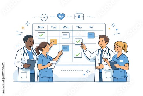 Healthcare Team Collaboration. Team coordination in healthcare. Doctors and nurses aligning tasks around a shared schedule board, improving collaboration.