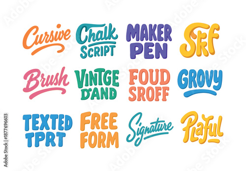 Colorful Hand Lettering Icons. Hand lettering styles. Colorful flat vector icons set of hand lettering styles: cursive logo, chalkboard script, marker pen
