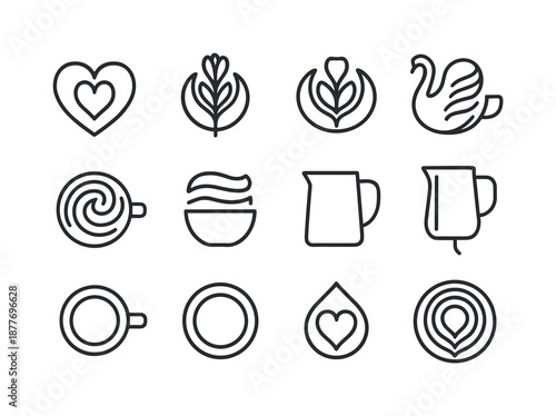 Latte Art Icons. Latte art. Line icon set of Latte art: heart foam, rosetta leaf, tulip design, swan pour, wave swirl, layered foam, barista pitcher, milk pour