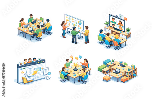 Isometric Workspace Icons. Collaborative workspace. Isometric flat vector icons set of Collaborative workspace: team collaboration table, shared whiteboard