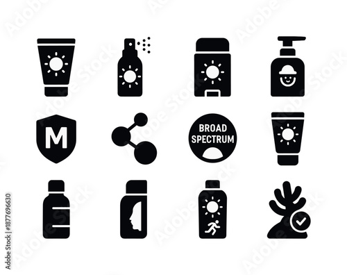 Sunscreen Icon Set. Sunscreen types. Solid icon set of sunscreen types: cream tube, spray bottle, stick applicator, lotion pump, mineral label, chemical icon,
