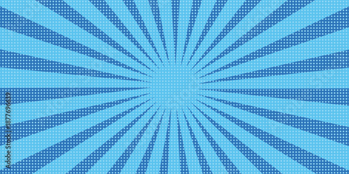 Anime explosion background with radial lines - dynamic starburst with speed motion effect. Blue and white halftone pattern for superhero action in manga comic book style