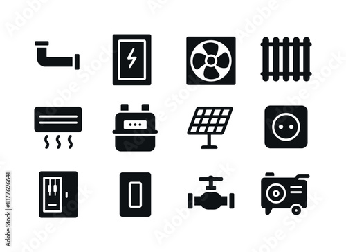 Building Utilities Icons. Building utilities. Solid icon set of building utilities: water pipe, electrical panel, ventilation fan, heating radiator, air