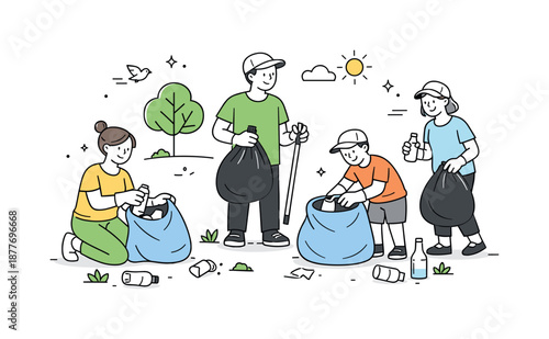 Trash Cleanup Volunteers. Volunteering environmental cleanup. People collecting trash in a park with bags and gloves, relaxed and positive mood.