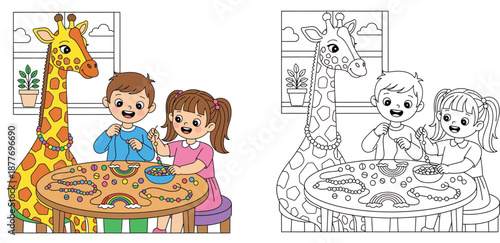 Cute cartoon children and a giraffe making colorful bead necklaces at a table. Happy boy and girl playing arts and crafts indoors with an animal friend.