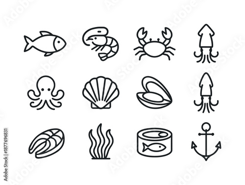 Seafood Outline Icons. Seafood. Line icon set of seafood: fish, shrimp, crab, lobster, octopus, scallop shell, mussel, squid, fish fillet, seaweed, tuna can,