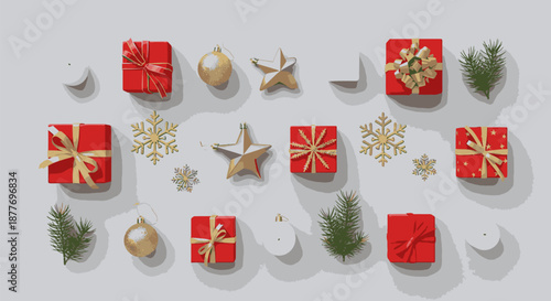 Christmas Gifts and Decorations Overhead View.