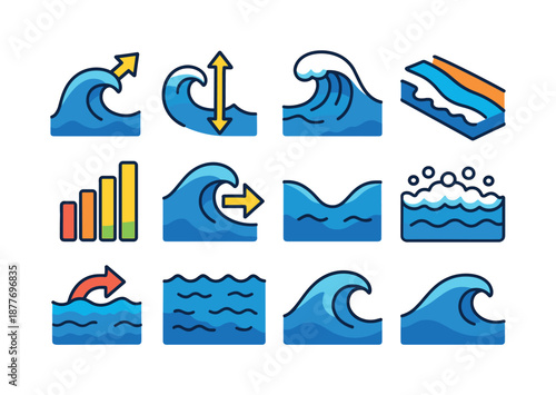 Colorful Wave Icons. Wave dynamics. Colorful isometric vector icons set of wave dynamics: swell arrow, wave height icon, breaker crest, surf zone band, wave