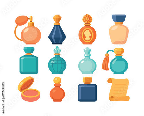 Vintage Perfume Icons. Vintage Perfume Bottles. Colorful flat vector icons set of Vintage Perfume Bottles: antique atomizer bulb, Art Deco bottle, ornate