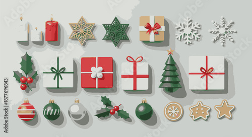 Christmas decorations gifts ornaments trees stars.