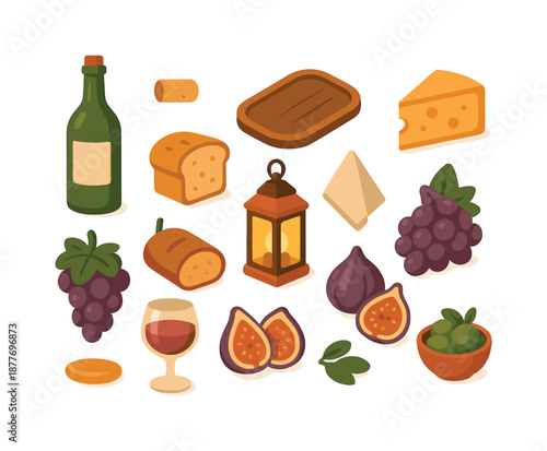 Rustic Wine Icons. Rustic Wine Evening. Colorful flat vector icons set of Rustic Wine Evening: rustic bottle, cork, wooden tray, cheese block, grape cluster,