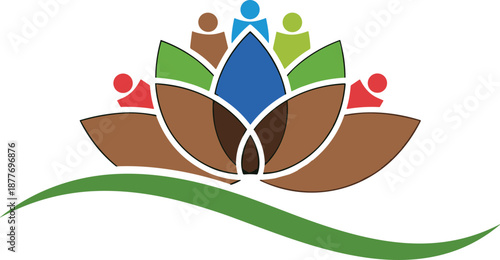 Colorful lotus flower with diverse human figures symbolizing unity, growth, and harmony in nature-inspired vector design for community and wellness themes