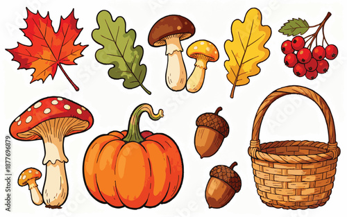Autumn Harvest and Nature Elements Set, Colorful Fall Leaves, Pumpkins, Mushrooms, and Berries IllustrationPrint