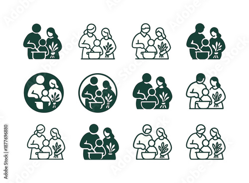 Family Meal Icons. Cooking a family meal with fresh ingredients. Icon set. Set Logo of cooking a family meal with fresh ingredients: fresh herbs bundle.