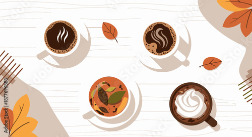 Assorted Coffee Cups with Autumn Leaves.