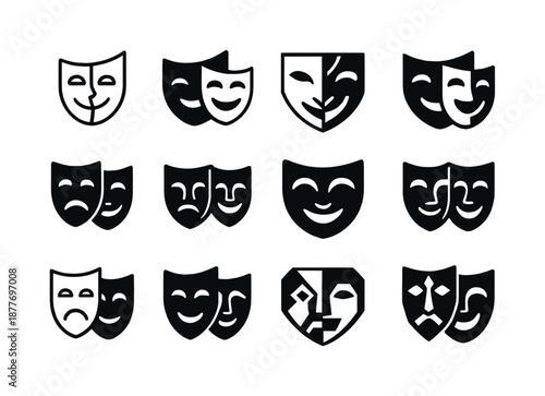 Theatrical Masks Icons. A live theater performance with actors wearing masks. Icon set. Set Logo of A live theater performance with actors wearing masks: dual