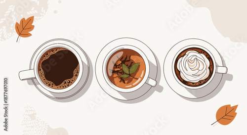 Three Cups of Coffee with Different Toppings.