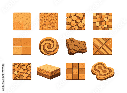 Cork Texture Icons. Cork textures. Colorful flat vector icons set of cork textures: fine-grain cork, medium-grain cork, coarse cork, cork mosaic, cork tile