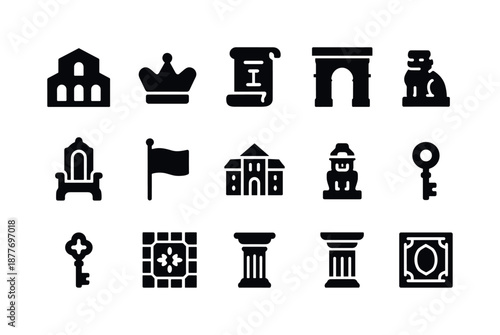 Cultural Heritage Icons. Cultural heritage. Solid icon set of cultural heritage: historic building, crown icon, artifact scroll, landmark gate, traditional