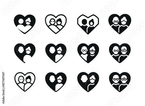 Elderly Care Emblems. Elderly care and support. Icon set. Set Logo of elderly care and support: heart with family silhouette. harmonious logo variations of the