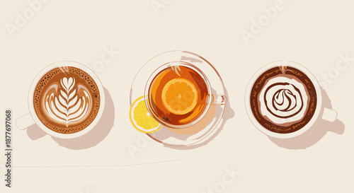 Three Coffee Cups with Latte Art Designs.