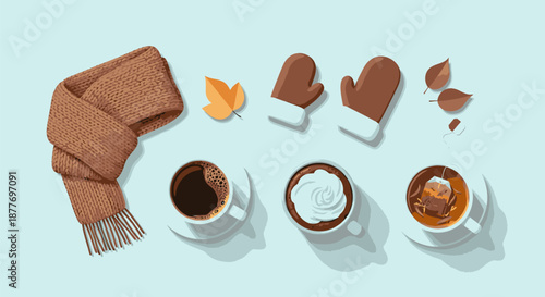 Coffee Cups with Scarf and Cookies.