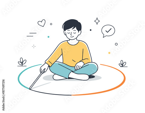 Healthy Boundaries Illustration. Emotional balance and awareness. A person organizing simple emotion icons and cards in front of them. Thoughtful
