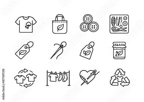 Sustainable Fashion Icons. Sustainable Fashion. Line icon set of Sustainable Fashion: organic cotton shirt, fabric tote, wooden buttons, mending kit, slow